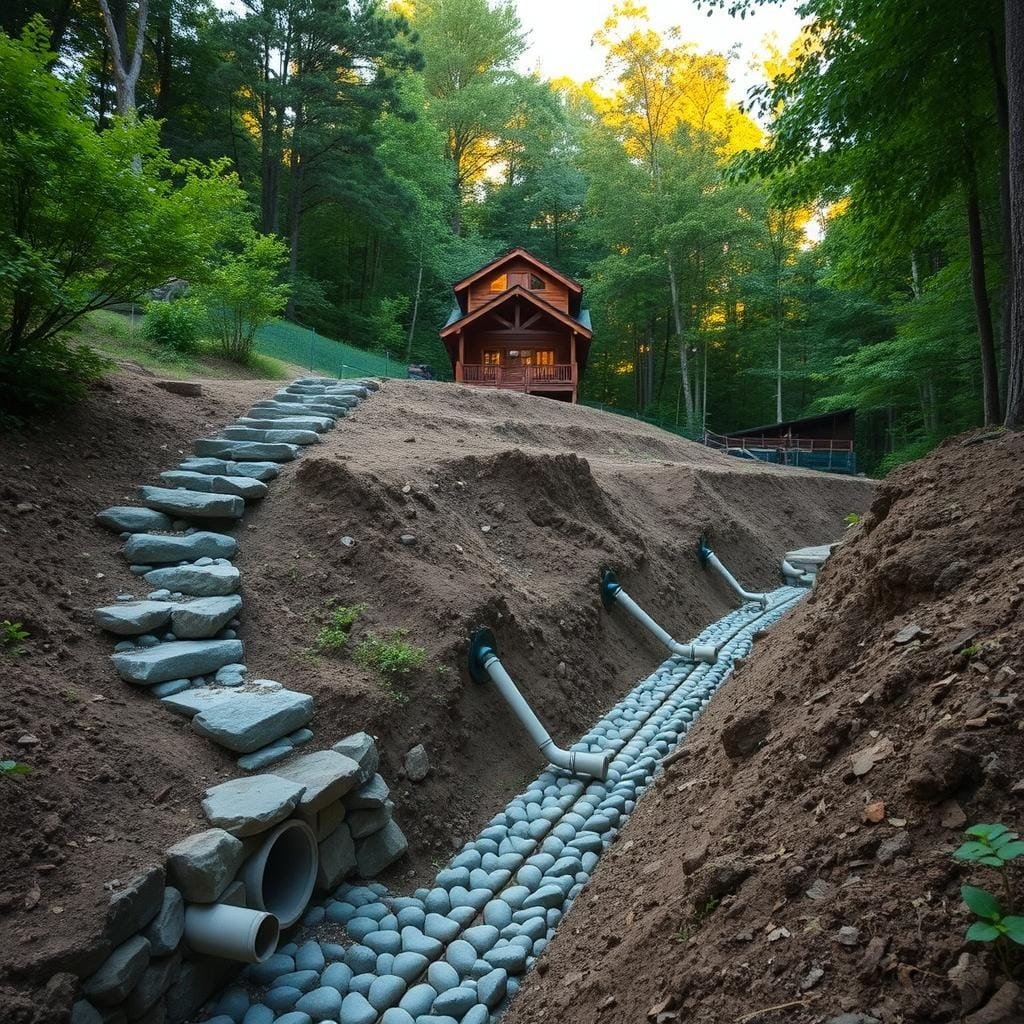 A hillside property with a rustic cabin nestled amidst lush foliage. In the foreground, a well-engineered drainage system composed of stone-lined channels and pipe outlets directs water away from the cabin's foundation. The middle ground showcases the careful excavation and grading work, ensuring proper slope and water flow. In the background, a dense forest canopy filters warm, golden sunlight, creating a serene and natural ambiance. The scene conveys a thoughtful, harmonious integration of the cabin's construction with the surrounding landscape, prioritizing effective erosion control and drainage management. A hillside property with a rustic cabin nestled amidst lush foliage. In the foreground, a well-engineered drainage system composed of stone-lined channels and pipe outlets directs water away from the cabin's foundation. The middle ground showcases the careful excavation and grading work, ensuring proper slope and water flow. In the background, a dense forest canopy filters warm, golden sunlight, creating a serene and natural ambiance. The scene conveys a thoughtful, harmonious integration of the cabin's construction with the surrounding landscape, prioritizing effective erosion control and drainage management.