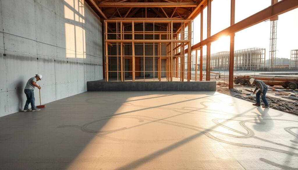 A large concrete wall form casting intricate patterns on the ground, the smooth surface reflecting the warm glow of sunlight filtering through overhead beams. In the foreground, workers carefully troweling the freshly poured concrete, smoothing out the texture. The middle ground shows the sturdy wooden frame and metal reinforcement bars, while the background reveals an expansive construction site with other partially completed structures. The scene conveys a sense of diligent craftsmanship and the steady progress of building a solid foundation.