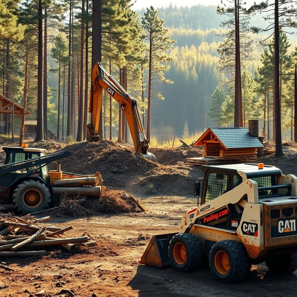 A large excavator methodically clearing a wooded cabin site, its powerful arm and bucket meticulously shaping the terrain. In the foreground, a bulldozer pushes aside fallen trees and undergrowth, creating a flat, level foundation for the future structure. Mid-ground, a skid steer loader efficiently gathers and stacks debris, its movements captured in a sharp, high-contrast image. The background reveals a picturesque forest landscape, the sunlight filtering through the canopy and casting a warm, golden glow over the entire scene. The overall mood is one of purposeful, well-timed preparation, setting the stage for the impending cabin construction.