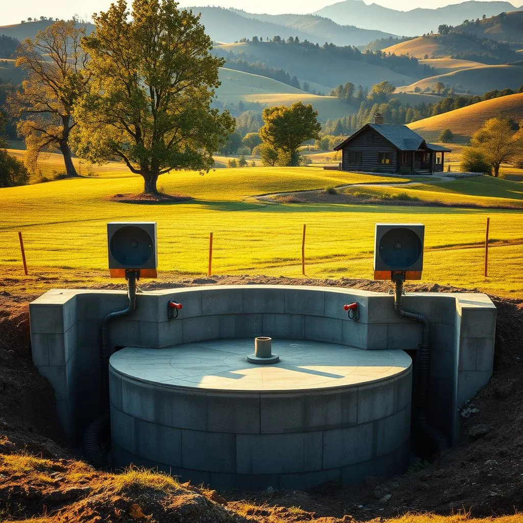 A large, intricately constructed septic structure stands prominently in the foreground, its sturdy concrete walls and carefully positioned access hatches creating a sense of engineering precision. In the middle ground, a well-manicured field stretches out, dotted with lush greenery and the occasional tree, while in the background, a picturesque cabin nestled among rolling hills adds to the idyllic rural setting. The scene is bathed in warm, golden sunlight, casting subtle shadows and highlighting the rugged, functional beauty of the septic system. The overall composition conveys a harmonious blend of nature and human-engineered infrastructure, creating a visually striking and informative representation of the physical septic structure.
