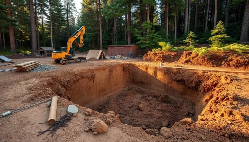 A large, open area with heavy machinery, construction materials, and excavated soil. A backhoe or excavator is digging into the ground, creating a deep pit for the foundation of a cabin. The scene is well-lit, with warm sunlight filtering through the trees and casting long shadows. The soil is rich and loamy, with exposed rocks and roots. The surrounding landscape is lush and verdant, with towering pines and ferns lining the perimeter. The atmosphere is one of preparation and anticipation, as the foundation is the crucial first step in building a sturdy, lasting cabin.