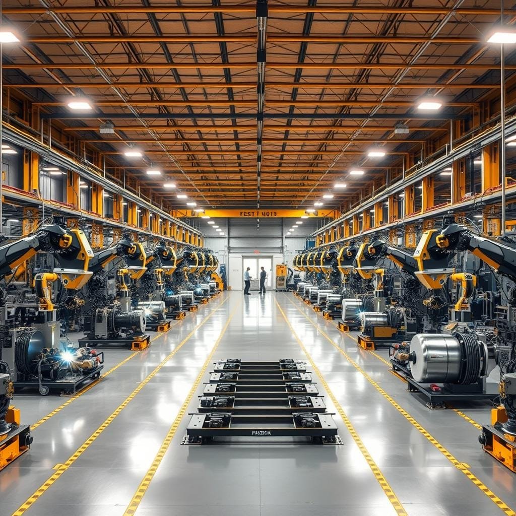 A large, well-lit factory floor with rows of robotic welding stations, precision tools, and intricate assembly lines. The environment is pristine, with gleaming metal surfaces and a sense of order and control. Bright overhead lighting casts a warm glow, illuminating the efficient movement of workers and the careful crafting of components. The focal point is a central testing area where finished products undergo rigorous quality checks, ensuring every detail meets the highest standards. The atmosphere conveys a sense of meticulous engineering, where every step is meticulously planned and executed to create durable, high-quality prefab cabins.