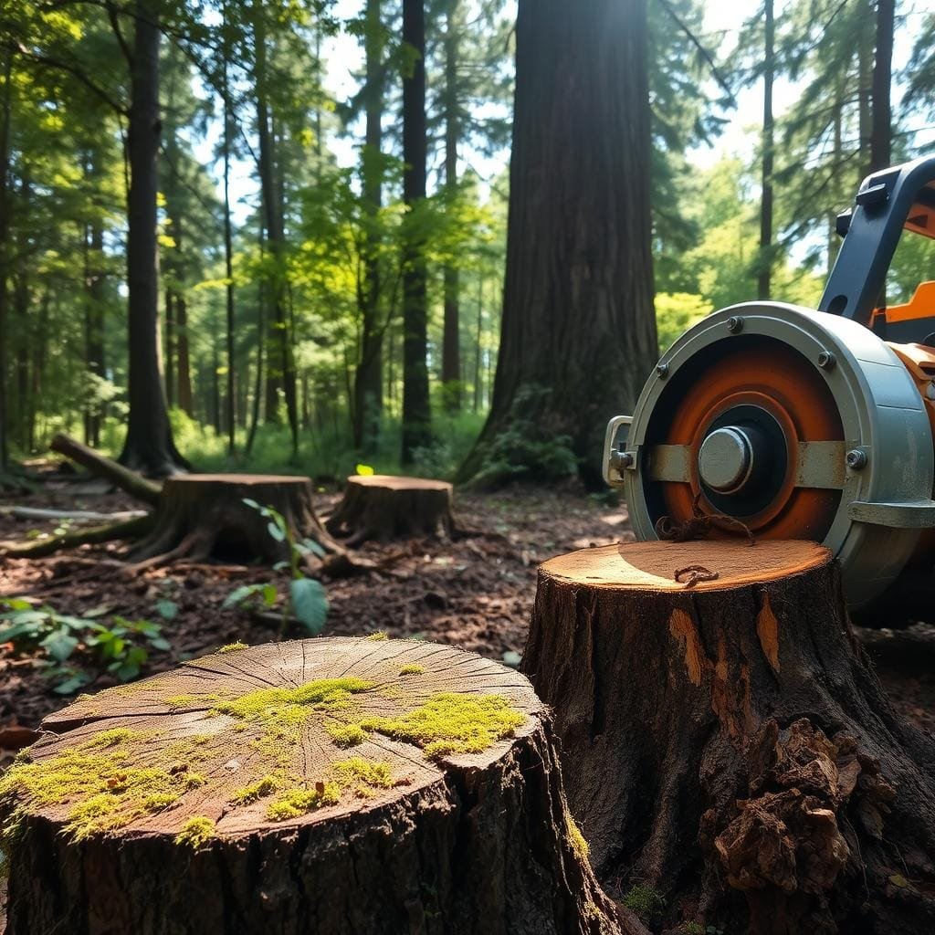 A lush forest clearing, sunlight filtering through the canopy. In the foreground, a natural stump with moss and fungi, contrasted by a mechanical stump grinder nearby, its metal teeth gleaming. In the middle ground, two methods of stump removal unfold - one slow and organic, the other efficient but intrusive. The background features towering trees, their roots hidden in the rich soil. The scene evokes a sense of balance between nature's steady cycles and human intervention, inviting contemplation on the merits of each approach to land clearing.