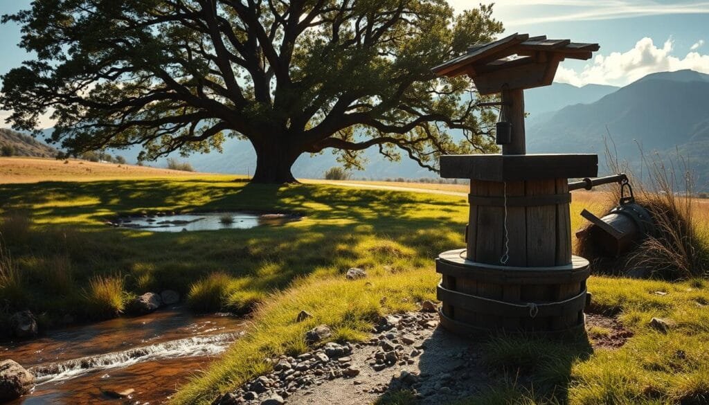 A lush, sun-dappled meadow, with a crystal-clear stream meandering through the foreground. In the middle ground, a rugged well capped with weathered wood, its bucket lowered into the depths. Behind it, a towering oak tree shades a verdant patch of land, with rainwater gathering in natural depressions. In the distance, a majestic mountain range rises, its peaks kissed by wispy clouds. The scene radiates a sense of tranquility and self-sufficiency, inviting the viewer to imagine the possibilities of off-grid living. Soft, directional lighting casts long shadows, creating a warm, inviting atmosphere. Captured with a wide-angle lens, the composition emphasizes the harmony between the natural elements and the homestead's water sources.