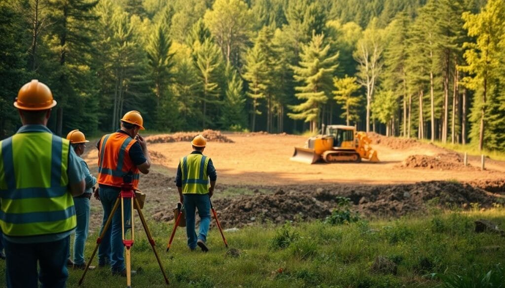 A lush, verdant forest backdrop serves as the canvas for the land surveying and site preparation process. In the foreground, a team of surveyors diligently measure and mark the terrain, their high-visibility vests and hard hats gleaming in the warm, diffused sunlight. Surveying equipment, including a tripod-mounted total station, is meticulously positioned, capturing precise data about the site's contours and elevations. In the middle ground, a small bulldozer cautiously clears the land, its powerful blade gently sculpting the earth to create a level foundation for the future cabin. The sound of its engine and the gentle rustle of the surrounding trees create a harmonious, contemplative atmosphere. The scene is captured through a wide-angle lens, emphasizing the vastness of the natural setting and the careful, thoughtful approach to site preparation. The overall mood is one of reverence for the land and the meticulous planning required to bring a cabin project to life.