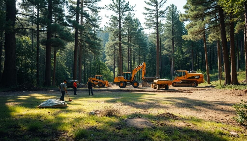 A lush, verdant forest clearing, with sunlight filtering through the canopy above. In the foreground, a team of workers carefully leveling the ground, using shovels and rakes to create a smooth, even surface. In the middle ground, heavy machinery like excavators and bulldozers are preparing the site, moving soil and debris to create a solid foundation for an off-grid cabin. The background features towering pine trees, their branches swaying gently in the breeze, setting a peaceful, serene atmosphere. The lighting is soft and natural, with long shadows cast by the equipment, conveying a sense of diligent, thoughtful preparation for the construction to come.
