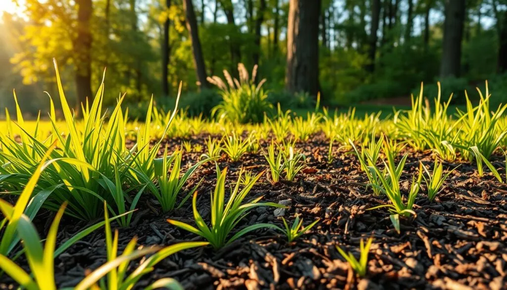 A lush, verdant garden scene depicting the optimization of grass and mulch for soil retention. In the foreground, a close-up view of healthy, vibrant grass blades interspersed with a layer of rich, dark mulch, capturing the essence of soil-retaining vegetation. In the middle ground, a mix of native grasses and low-growing ground cover plants, their roots firmly anchoring the soil. The background showcases a tranquil woodland setting, with towering trees providing a natural backdrop. Warm, golden-hued lighting casts a soft, inviting glow, highlighting the intricate textures and vibrant colors of the scene. The overall composition conveys a sense of balance, harmony, and the importance of optimizing vegetation and mulch for effective soil retention.