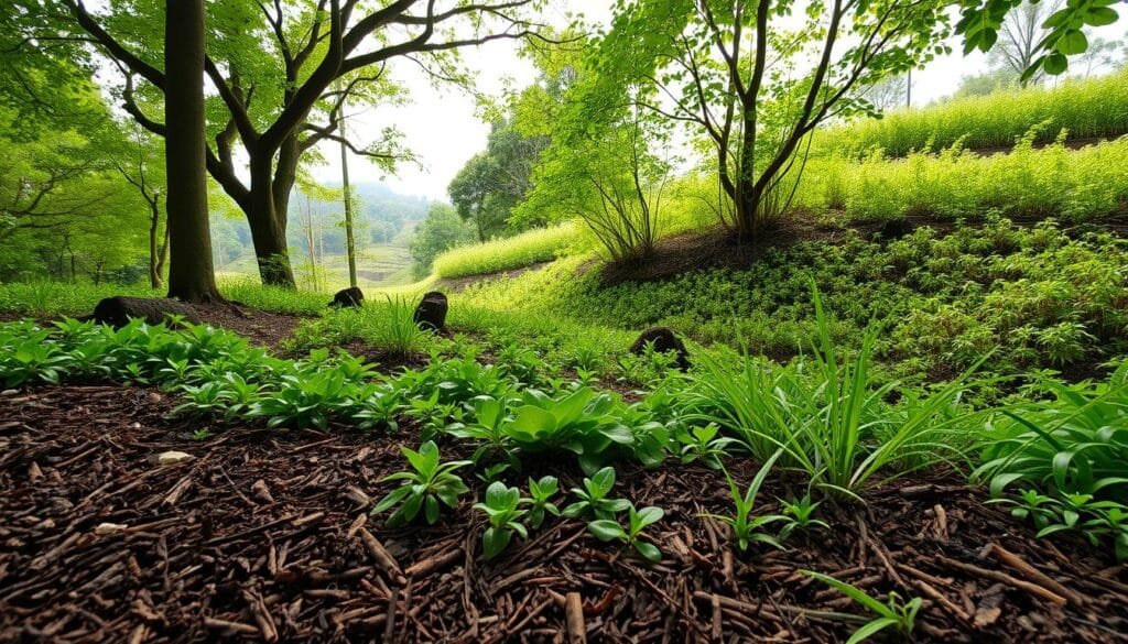 A lush, verdant landscape with a diverse tapestry of vegetation providing effective erosion control. In the foreground, a layer of organic mulch covers the soil, its rich brown hues complementing the vibrant green foliage. Towering trees and shrubs in the middle ground create a natural canopy, their roots anchoring the earth and preventing soil displacement. In the background, gently rolling hills are adorned with a carpet of ground cover plants, their intricate networks of stems and leaves forming a protective barrier against the elements. Diffused sunlight filters through the leafy canopy, casting a warm, natural glow and highlighting the textures of the vegetation. The overall scene conveys a sense of harmony and environmental sustainability, showcasing an effective and visually appealing approach to erosion control.
