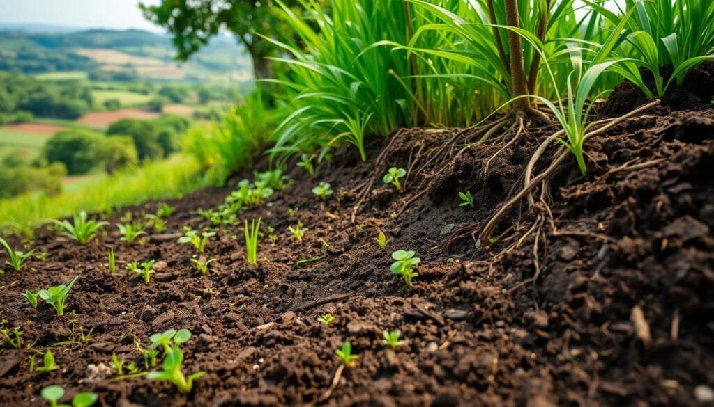 A lush, verdant landscape with a focus on the soil and its interplay with vegetation. In the foreground, a close-up view of the soil, its texture and composition clearly visible, with roots and small plants emerging from the rich, dark earth. The middle ground showcases a variety of thriving greenery, from grasses and shrubs to larger trees, their roots deeply embedded in the soil. The background presents a panoramic view of the landscape, highlighting the integration of the vegetation with the underlying soil structure. Warm, diffused lighting illuminates the scene, creating a sense of harmony and balance between the natural elements. The overall composition conveys the intricate relationship between soil integrity and the health of the surrounding vegetation.