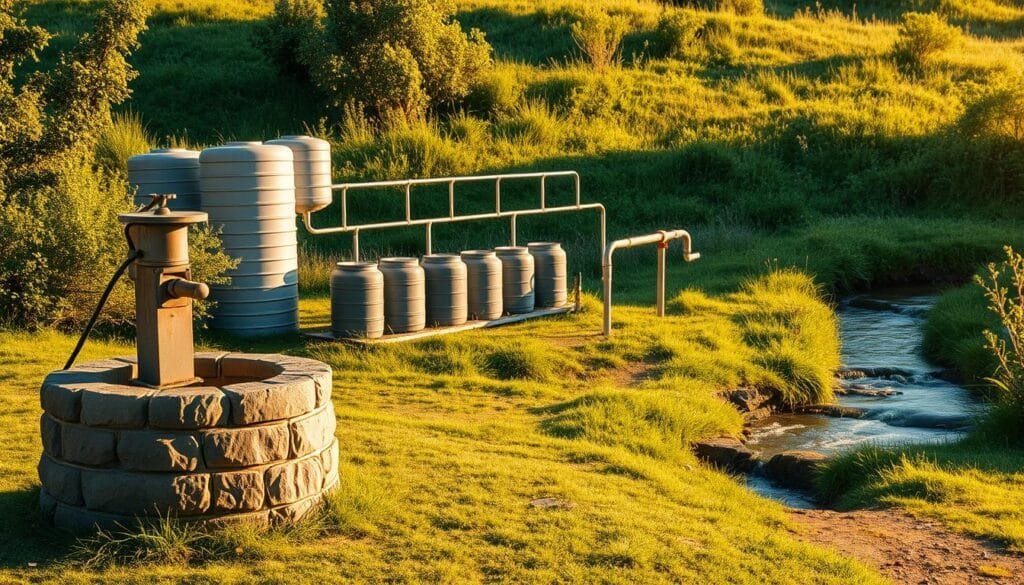 A lush, verdant landscape with a prominent, well-maintained water well in the foreground. The well's sturdy stone structure and metal pump stand as symbols of reliability and resilience, casting long shadows under the warm, golden sunlight. In the middle ground, a neatly organized rainwater collection system, with a series of interconnected rain barrels and piping, suggests a diverse and self-sufficient water supply. In the background, a serene, natural spring bubbles up from the earth, its clear, pristine waters flowing through a small, rocky creek. The overall scene exudes a sense of tranquility, self-sufficiency, and the importance of a reliable, multifaceted water source for off-grid living.