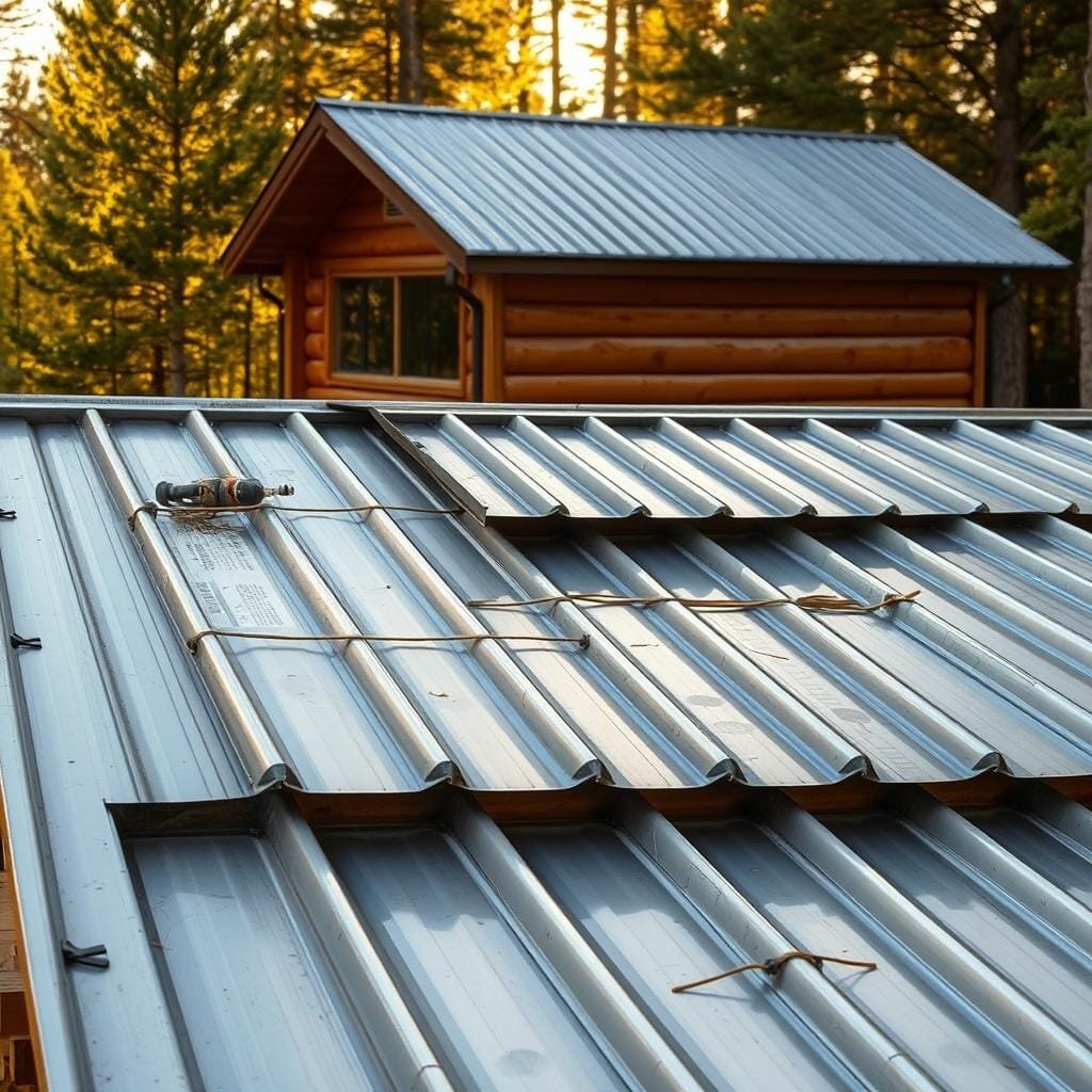 A metal roof being installed step-by-step on a rustic cabin in the woods. The foreground shows a worker carefully aligning and securing the metal panels onto the roof frame, using a power drill. The middle ground reveals the gradual progress of the installation, with partially completed sections contrasting with the unfinished areas. In the background, the cabin's wooden structure and surrounding pine trees are visible, bathed in warm, golden sunlight filtering through the canopy. The scene conveys a sense of diligent, hands-on labor required for this practical and durable roofing solution.