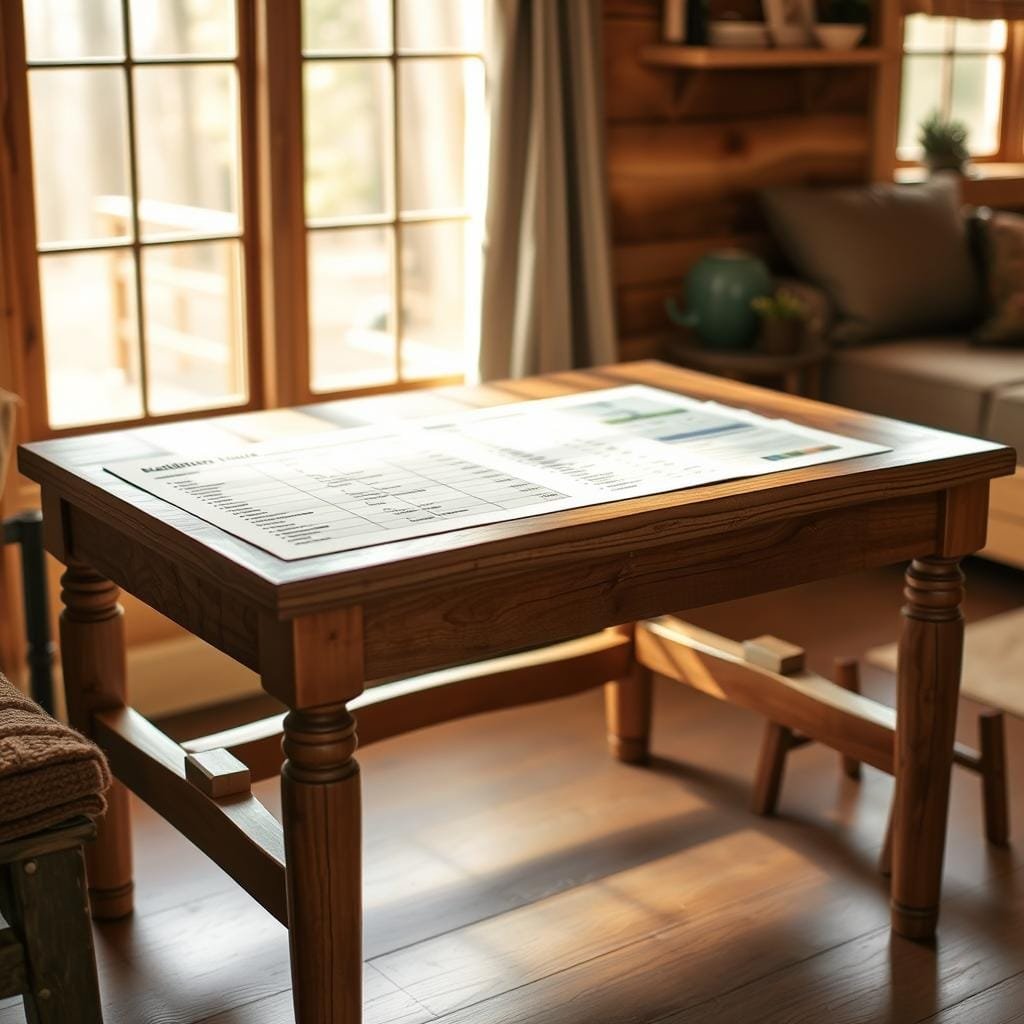 A meticulously crafted cabin budgeting and scheduling table, its surface illuminated by soft, natural lighting filtering through a window. The tabletop showcases a detailed breakdown of expenses, timeline, and project milestones, presented in a clean, organized manner. Wooden accents and earthy tones create a warm, rustic ambiance, reflecting the cabin's rugged yet practical nature. The table is situated in a cozy, well-appointed interior, hinting at the cabin's overall design aesthetic. The composition emphasizes the importance of meticulous planning and execution for a successful DIY cabin build.
