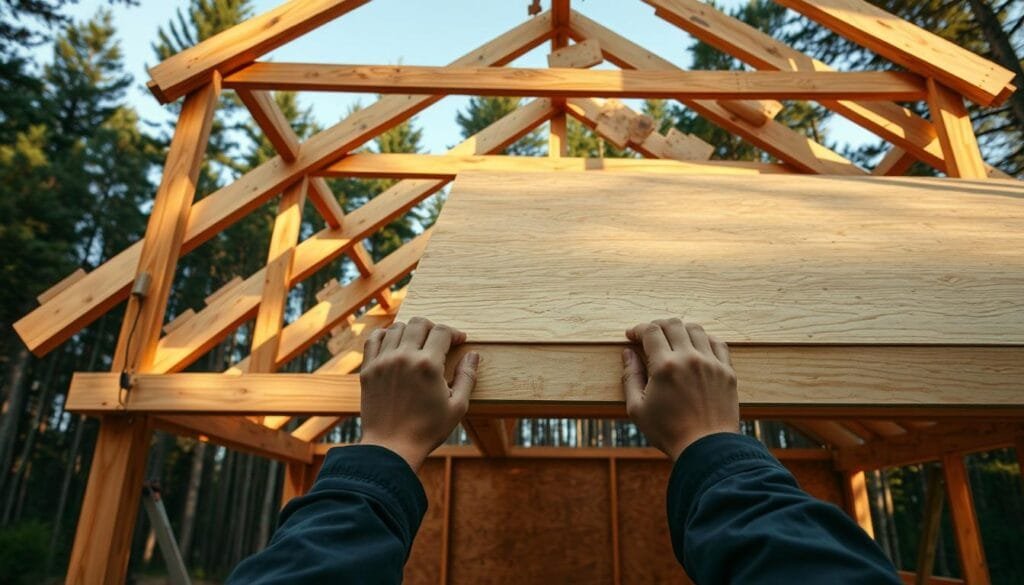 A meticulously crafted cabin frame stands in a serene woodland setting, its exposed beams casting soft shadows. In the foreground, skilled hands carefully install sturdy roof sheathing, the plywood panels interlocking seamlessly to form a solid foundation for the roofing materials. The scene is bathed in warm, natural light, illuminating the textured grain of the wood and the precise, methodical installation process. The camera captures the scene from a low angle, emphasizing the rugged yet elegant construction of the cabin's frame and the care and attention to detail being applied to this critical step in the building process. The overall mood is one of tranquility, diligence, and the satisfaction of crafting a sturdy, reliable shelter amidst the natural beauty of the surrounding forest.