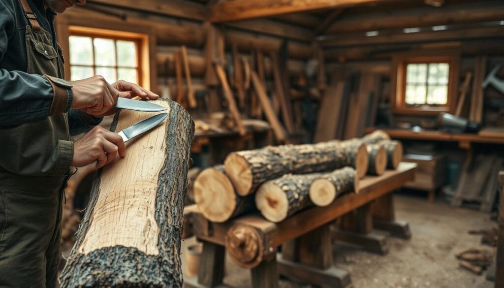 A meticulously crafted scene of a log debarking preparation process. In the foreground, a skilled worker methodically peels the bark from a freshly cut log using a sharp draw knife, revealing the clean, pale wood beneath. In the middle ground, several unpeeled logs rest on a sturdy workbench, awaiting their turn. The background is a rustic workshop filled with the tools of the trade - axes, saws, and other woodworking implements. Warm, natural lighting filters through the windows, casting a soft glow over the entire scene. The atmosphere is one of focused craftsmanship, with a sense of the patient, deliberate work required to prepare these raw materials for the construction of a log cabin.