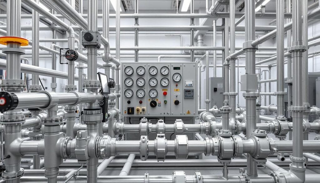 A meticulously designed water distribution network, showcasing a complex system of pipes, valves, and flow regulators. The foreground displays intricate piping and fittings, expertly crafted to distribute water efficiently. The middle ground features a series of pressure gauges, flow meters, and control panels, allowing for precise monitoring and management of the network. In the background, a clean, well-lit industrial setting provides a functional and organized backdrop, accentuating the technical nature of the system. Rendered in a high-resolution, photorealistic style with a neutral color palette and subtle lighting that emphasizes the engineering prowess of the water distribution network.