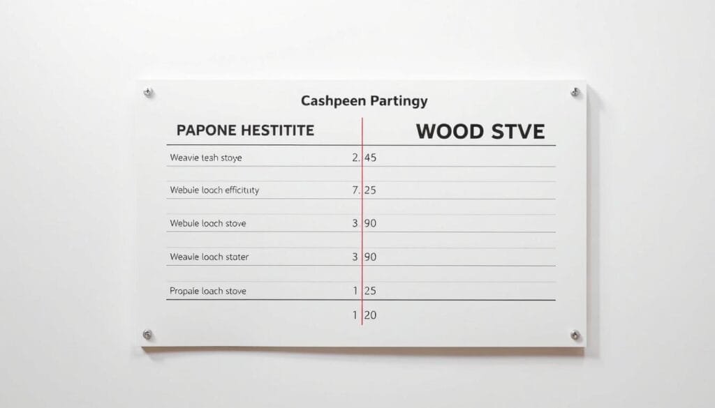 A meticulously detailed comparison chart depicting the heating efficiency ratings of propane heating and wood stove systems. The chart is displayed against a clean, minimalist background, allowing the information to take center stage. The labels and numerical data are presented with precise, technical clarity, conveying a sense of authority and professionalism. Soft, directional lighting casts subtle shadows, adding depth and dimensionality to the chart. The overall aesthetic is sleek, modern, and designed to seamlessly integrate into the article's informative, educational tone.