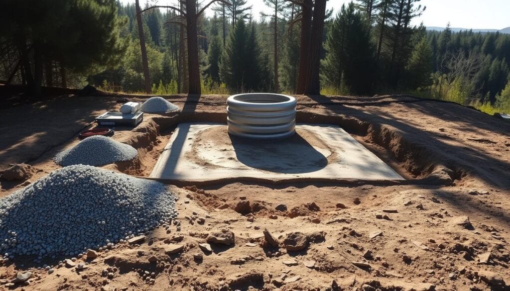 A meticulously prepared site for a water tank foundation, with freshly leveled ground and compacted soil, ready to support the weight of the tank. In the foreground, piles of gravel and sand await their placement as a stable base. In the middle, the outline of the tank's footprint is clearly marked, guiding the precise positioning. Sunlight casts long shadows, creating a sense of depth and emphasizing the careful planning involved. In the background, a tranquil forest backdrop sets the scene, hinting at the serene, off-grid environment where this water tank will be installed.