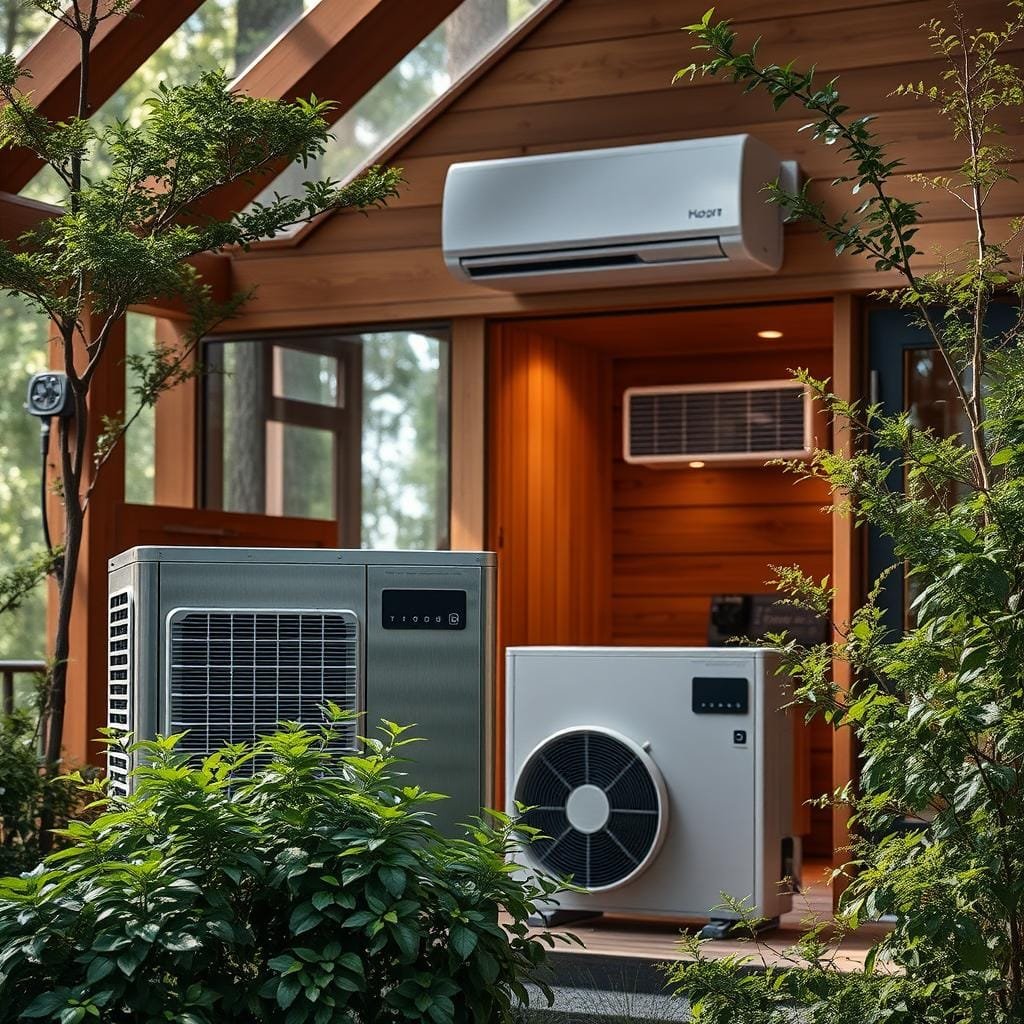 A modern, high-efficiency heat pump system, meticulously detailed with brushed metal finishes, sleek lines, and integrated smart controls. The outdoor unit stands prominently in the foreground, its compact design complementing the lush, verdant foliage surrounding it. In the middle ground, the indoor air handling unit is seamlessly integrated into the cabin's interior, its discreet vents blending harmoniously with the warm, natural wood tones. Soft, diffused lighting illuminates the scene, creating a sense of balance and technological refinement. The overall atmosphere exudes a blend of cutting-edge innovation and sustainable, eco-friendly energy solution for the off-grid cabin. A modern, high-efficiency heat pump system, meticulously detailed with brushed metal finishes, sleek lines, and integrated smart controls. The outdoor unit stands prominently in the foreground, its compact design complementing the lush, verdant foliage surrounding it. In the middle ground, the indoor air handling unit is seamlessly integrated into the cabin's interior, its discreet vents blending harmoniously with the warm, natural wood tones. Soft, diffused lighting illuminates the scene, creating a sense of balance and technological refinement. The overall atmosphere exudes a blend of cutting-edge innovation and sustainable, eco-friendly energy solution for the off-grid cabin.
