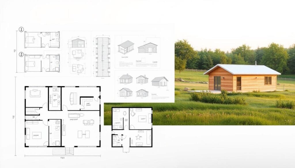 A modern, minimalist floor plan showcasing modular cabin design options. In the foreground, several detailed floor layouts are displayed, each with a unique arrangement of rooms, fixtures, and architectural elements. The middle ground features technical diagrams and elevation sketches, offering a closer look at the structural and spatial details. The background is a serene, natural landscape, with hints of a prefabricated cabin nestled among lush greenery, suggesting the cohesive integration of the built environment and its surrounding. Warm, diffused lighting accentuates the clean lines and functional aesthetics of the modular design. Rendered in a technical, CAD-inspired style to convey the practical considerations of customizable cabin planning. A modern, minimalist floor plan showcasing modular cabin design options. In the foreground, several detailed floor layouts are displayed, each with a unique arrangement of rooms, fixtures, and architectural elements. The middle ground features technical diagrams and elevation sketches, offering a closer look at the structural and spatial details. The background is a serene, natural landscape, with hints of a prefabricated cabin nestled among lush greenery, suggesting the cohesive integration of the built environment and its surrounding. Warm, diffused lighting accentuates the clean lines and functional aesthetics of the modular design. Rendered in a technical, CAD-inspired style to convey the practical considerations of customizable cabin planning.