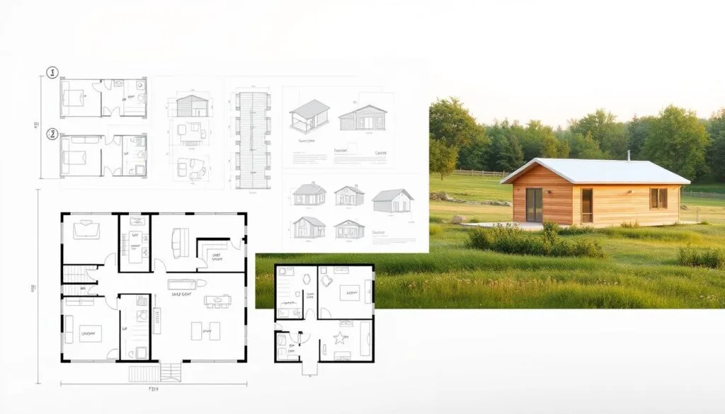 A modern, minimalist floor plan showcasing modular cabin design options. In the foreground, several detailed floor layouts are displayed, each with a unique arrangement of rooms, fixtures, and architectural elements. The middle ground features technical diagrams and elevation sketches, offering a closer look at the structural and spatial details. The background is a serene, natural landscape, with hints of a prefabricated cabin nestled among lush greenery, suggesting the cohesive integration of the built environment and its surrounding. Warm, diffused lighting accentuates the clean lines and functional aesthetics of the modular design. Rendered in a technical, CAD-inspired style to convey the practical considerations of customizable cabin planning.