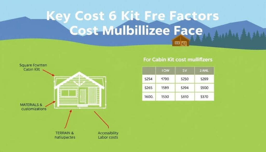 A modern, minimalist illustration showcasing the key cost multiplier factors for a cabin kit build. In the foreground, a detailed blueprint or schematic diagram of a cabin kit, with callouts highlighting elements like size, materials, and customizations. In the middle ground, a grid or table displaying numerical modifiers for each factor, such as square footage, terrain, accessibility, and labor costs. In the background, a serene, natural landscape with mountains or forests to set the context. The overall mood is informative yet visually captivating, using a clean, high-contrast color palette and crisp, geometric shapes to emphasize the technical aspects of the cabin kit cost estimation.