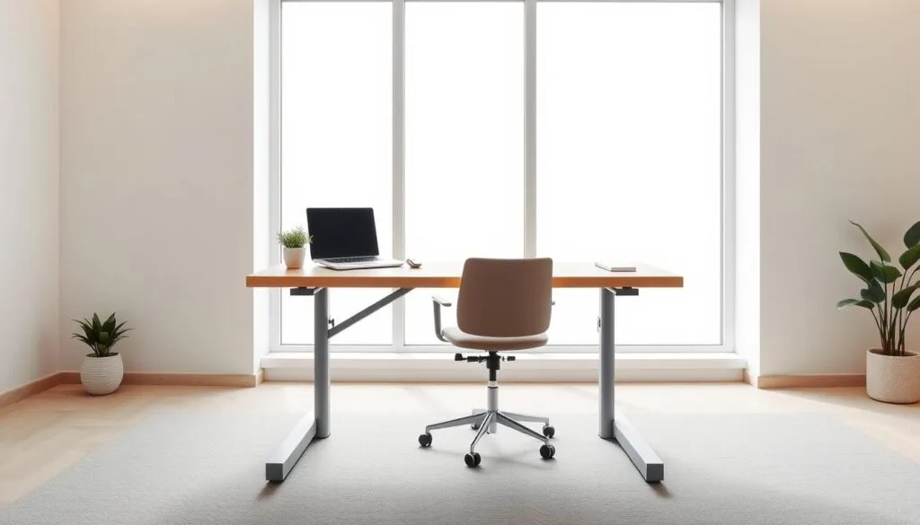 A modern, minimalist workspace with a custom layout. In the foreground, a sleek, adjustable standing desk with a smooth, light-colored wood surface. On the desk, a minimalist laptop, a potted plant, and a few carefully placed office supplies. The middle ground features a comfortable, ergonomic office chair in a muted color, positioned in front of the desk. The background showcases a large, floor-to-ceiling window, allowing natural light to flood the space and creating a serene, airy atmosphere. The walls are painted in a soft, neutral tone, complementing the overall minimalist aesthetic. Soft, indirect lighting casts a warm glow throughout the room, creating a calming and productive environment for custom layout design. A modern, minimalist workspace with a custom layout. In the foreground, a sleek, adjustable standing desk with a smooth, light-colored wood surface. On the desk, a minimalist laptop, a potted plant, and a few carefully placed office supplies. The middle ground features a comfortable, ergonomic office chair in a muted color, positioned in front of the desk. The background showcases a large, floor-to-ceiling window, allowing natural light to flood the space and creating a serene, airy atmosphere. The walls are painted in a soft, neutral tone, complementing the overall minimalist aesthetic. Soft, indirect lighting casts a warm glow throughout the room, creating a calming and productive environment for custom layout design.