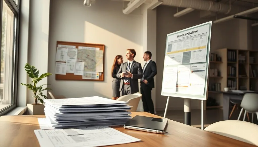 A modern office interior, bathed in soft natural light filtering through large windows. In the foreground, a desk with a neatly organized stack of paperwork, a laptop, and a pen poised for note-taking. On the wall, a bulletin board displays permit application forms, zoning maps, and construction timelines, meticulously annotated. In the middle ground, a trio of professionals in business attire converse animatedly, gesturing towards the documentation. The background features a bookshelf filled with reference materials, a conference table, and subtle architectural details that convey a sense of professionalism and attention to process. The overall mood is one of focused determination, as the permitting process for a modular building project is carefully navigated.