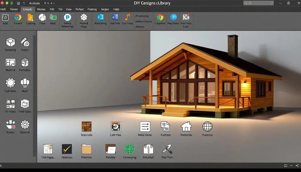 A modern, well-organized software interface showcasing a comprehensive design feature library. The foreground displays a clean, intuitive layout with neatly categorized icons representing diverse tools such as CAD modeling, 3D rendering, material palettes, and interactive floor planning. In the middle ground, a central preview window highlights a detailed 3D cabin design, lit by soft, natural lighting that casts subtle shadows. The background features a minimalist color scheme with muted tones, providing a focused, distraction-free environment for creative work. The overall atmosphere conveys a sense of efficiency, professionalism, and design excellence, ideal for crafting meticulously detailed DIY cabin blueprints. A modern, well-organized software interface showcasing a comprehensive design feature library. The foreground displays a clean, intuitive layout with neatly categorized icons representing diverse tools such as CAD modeling, 3D rendering, material palettes, and interactive floor planning. In the middle ground, a central preview window highlights a detailed 3D cabin design, lit by soft, natural lighting that casts subtle shadows. The background features a minimalist color scheme with muted tones, providing a focused, distraction-free environment for creative work. The overall atmosphere conveys a sense of efficiency, professionalism, and design excellence, ideal for crafting meticulously detailed DIY cabin blueprints.