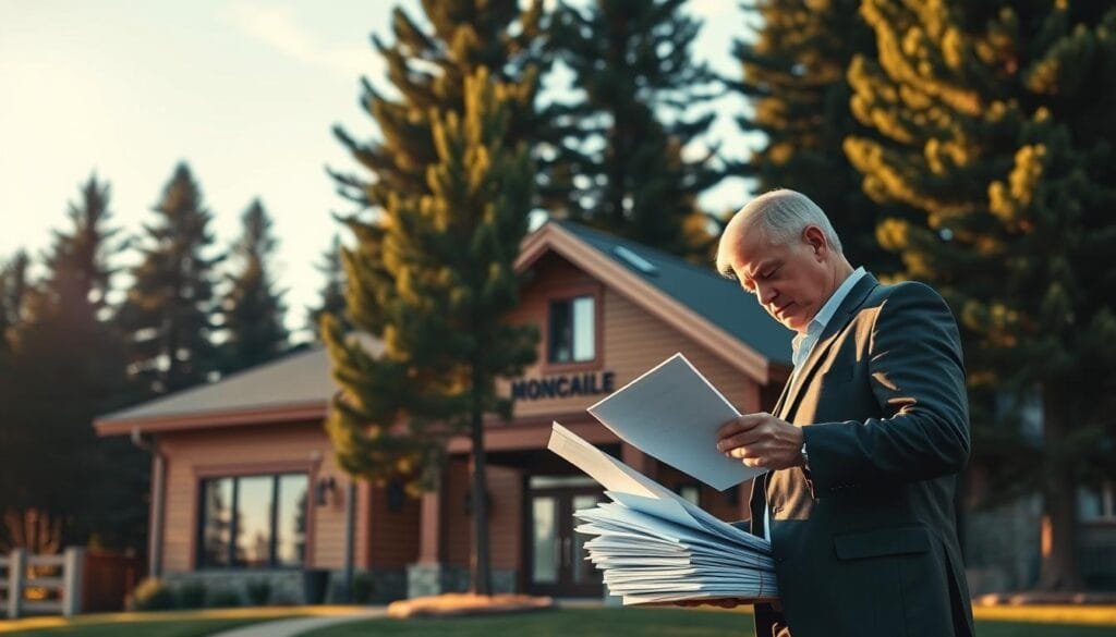 A municipal office building with a sloped rooftop, surrounded by tall pine trees. In the foreground, a person in a suit examines a stack of documents, symbolizing the complex process of navigating local regulations and permits for a cabin on a sloped terrain. The lighting is warm and golden, casting a welcoming glow on the scene. The architecture features clean lines and modern design elements, hinting at the progressive nature of the local governing body. The overall atmosphere conveys a sense of diligence and professionalism in addressing the challenges of constructing a cabin on a sloped site.