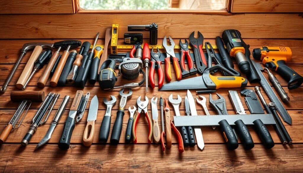 A neatly arranged collection of essential hand tools for cabin construction, meticulously displayed on a rustic wooden surface. The foreground features a diverse array of tools, including a hammer, chisel, screwdriver set, tape measure, level, and saw, each casting subtle shadows. The middle ground showcases additional tools like pliers, wrench, drill, and utility knife, all complementing the cabin-themed aesthetic. The background subtly hints at the cabin's exterior, with a glimpse of natural wood paneling and a touch of natural lighting filtering through. The overall composition conveys a sense of organized efficiency, reflecting the comprehensive nature of the hand tool selection for successful cabin building.