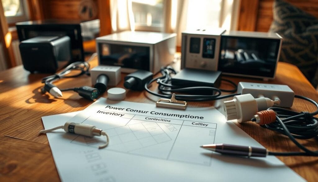 A neatly organized cabin power consumption inventory checklist, with various electrical appliances and devices meticulously laid out on a wooden table. The items are photographed from a slightly elevated angle, creating a sense of order and attention to detail. Soft, natural lighting illuminates the scene, casting warm shadows and highlighting the textures of the materials. The background is blurred, keeping the focus on the checklist and the individual components. The overall mood is one of thoughtful planning and efficient home management.