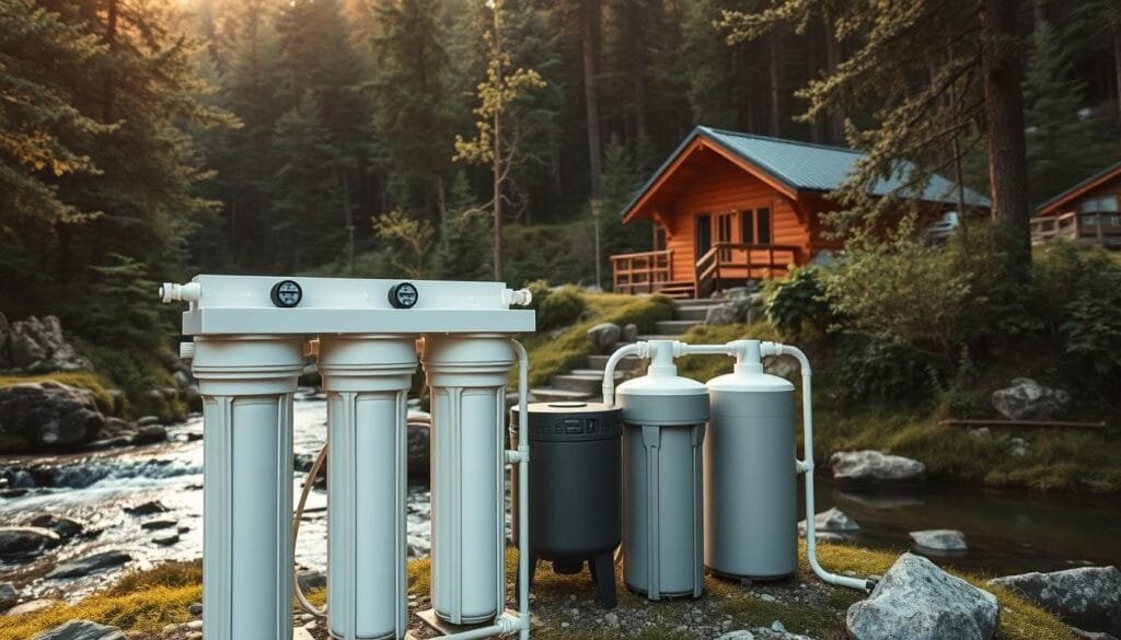 A off-grid cabin nestled in a lush, forested landscape, with a clear mountain stream flowing nearby. In the foreground, a set of water filtration systems, their sleek and modern designs blending seamlessly with the natural surroundings. The systems feature a series of filters, tanks, and tubes, capturing and purifying the water from the stream. Soft, diffused sunlight filters through the trees, casting a warm, inviting glow over the scene. The overall atmosphere conveys a sense of self-sufficiency, harmony with nature, and the calm, tranquil lifestyle of an off-grid existence.
