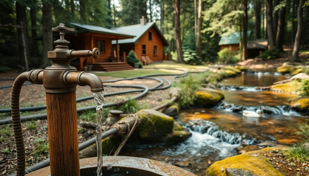 A peaceful off-grid cabin nestled in a lush forest, its water systems seamlessly integrated into the landscape. In the foreground, a wooden hand-pump draws crystal-clear water from a nearby well, its polished handle gleaming in the soft morning light. The middle ground reveals a network of well-maintained pipes and valves, guiding the precious resource to the cabin and its surrounding gardens. In the background, a small stream gurgles over moss-covered rocks, feeding into a tranquil pond where a pair of ducks glide effortlessly. The scene conveys a sense of harmony, efficiency, and self-sufficiency, perfectly capturing the essence of "Managing Water Systems Effectively" in an off-grid setting.
