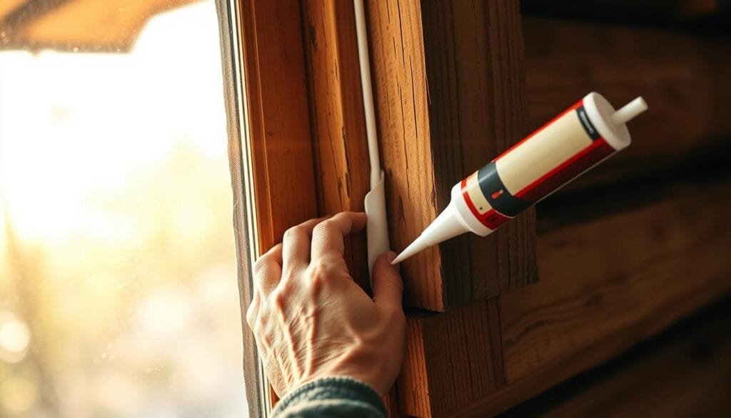 A person applying a thick bead of white caulk around the seam of a rustic wooden cabin window, sealing any gaps and cracks to insulate the space. The scene is bathed in warm, natural sunlight filtering through the window glass, casting a soft glow on the weathered wood and the person's hands as they carefully work. The background is blurred, focusing the viewer's attention on the precise application of the caulk, conveying a sense of care and attention to detail in the home improvement task. The overall mood is one of a serene, productive home maintenance activity.
