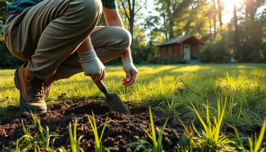 A person crouching in a grassy field, closely examining the soil with a trowel. Sunlight filters through the trees, casting warm shadows over the scene. The person wears sturdy work boots and cargo pants, indicating they are in the process of a construction project. In the background, a small cabin is visible, partially obscured by lush foliage. The soil appears to be a rich, dark brown, indicating good drainage and stability for a potential foundation. The atmosphere is one of careful consideration and preparation, setting the stage for the cabin's construction.