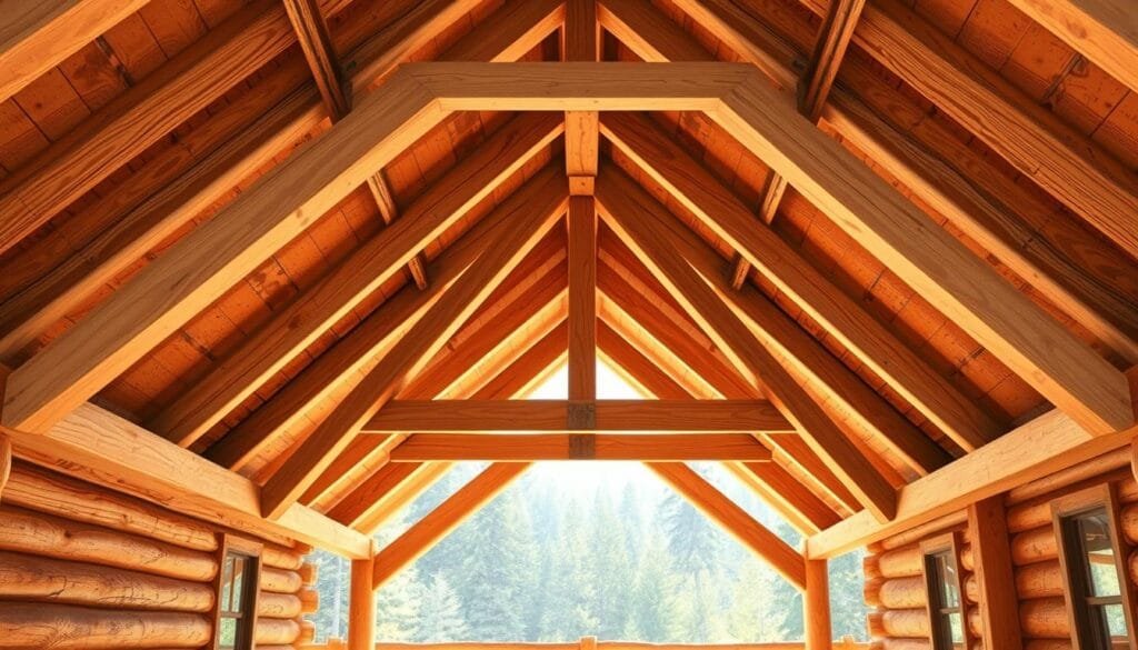 A picturesque gable roof design for a rustic cabin, bathed in warm, natural sunlight. The central focus is a detailed illustration of the roof frame, showcasing the structural elements - sturdy support beams, intersecting trusses, and carefully angled rafters. The background subtly hints at the cabin's exterior, with glimpses of log walls and a lush forest landscape beyond, conveying a sense of tranquility and connection with nature. The composition is balanced, with a clean, technical aesthetic that highlights the thoughtful engineering behind the roof's construction. Rendered with crisp lines, subtle shadows, and a muted, earthy color palette to accentuate the cabin's rustic charm.
