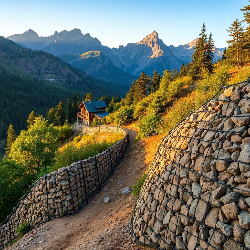 A picturesque mountain landscape with a sloped cabin nestled amidst lush greenery. In the foreground, a well-constructed gabion wall stands tall, blending seamlessly with the natural terrain. The gabion structure, composed of metal cages filled with rocks, creates an effective erosion control system, stabilizing the sloped ground and preventing soil erosion. Warm afternoon sunlight casts a gentle glow, highlighting the rugged yet modern aesthetic of the gabion wall. The middle ground features a winding path leading up to the cabin, framed by vibrant foliage. In the background, towering peaks rise, creating a majestic backdrop for this serene mountain retreat. The overall scene conveys a harmonious balance between nature and human-engineered solutions for sustainable living.