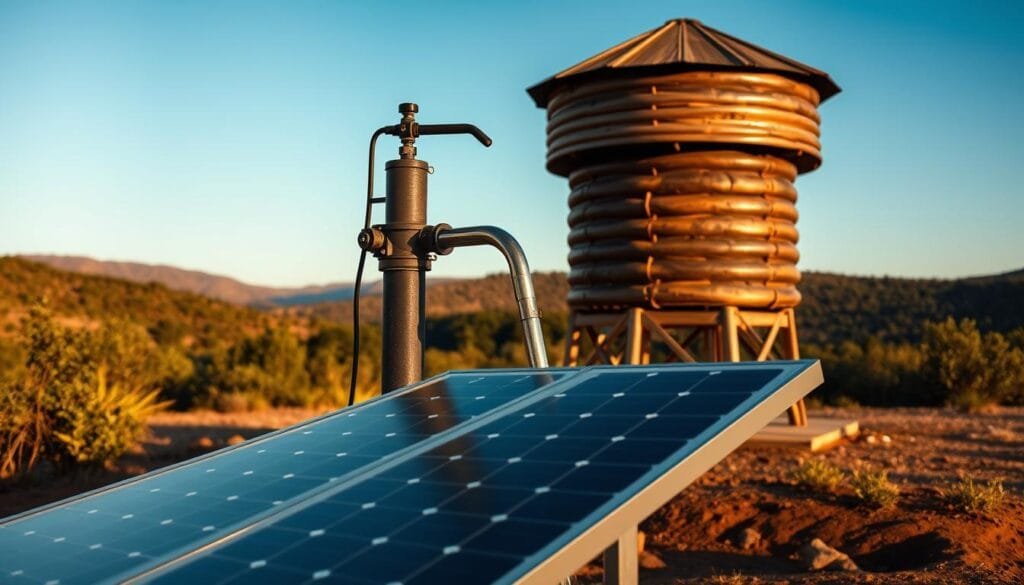 A picturesque solar-powered water pumping system set against a serene, off-grid landscape. In the foreground, a sleek solar panel array captures the sun's rays, powering a rugged water pump that draws from a nearby well or spring. The middle ground features a wooden water tower, its sturdy structure silhouetted against a clear blue sky. In the background, rolling hills and lush vegetation create a tranquil, self-sufficient scene, evoking a sense of harmony between technology and nature. Warm, golden lighting bathes the entire composition, highlighting the efficient and sustainable design of this off-grid water system.