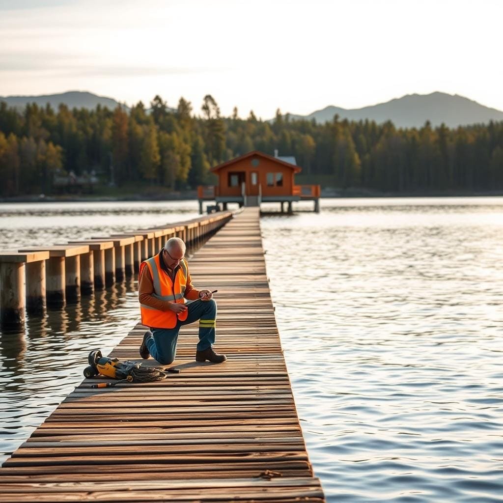 A pier extending over a calm lake, with an inspector carefully examining the cabin foundation supports. The foreground features the inspector in a safety vest, kneeling and using tools to assess the wooden piles. The middle ground shows the sturdy cabin structure resting on the pier, while the background depicts the tranquil lakeside landscape with trees and mountains. Warm afternoon lighting casts a soft glow, and the lens captures the scene in a wide, documentary-style angle to emphasize the maintenance process.
