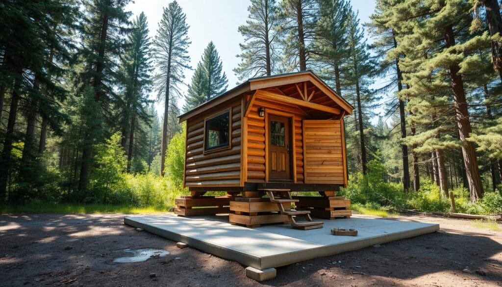 A portable cabin resting on sturdy wooden skids, its rustic exterior blending seamlessly with the natural landscape. The cabin stands in a lush forest clearing, sunlight filtering through the canopy of towering evergreens. The skids, crafted from weathered timber, elevate the structure, allowing for easy relocation as needed. The cabin's simple yet functional design, with a large picture window and a cozy porch, invites exploration. The scene radiates a sense of tranquility and self-sufficiency, reflecting the economical and mobile nature of a skid-based foundation. A portable cabin resting on sturdy wooden skids, its rustic exterior blending seamlessly with the natural landscape. The cabin stands in a lush forest clearing, sunlight filtering through the canopy of towering evergreens. The skids, crafted from weathered timber, elevate the structure, allowing for easy relocation as needed. The cabin's simple yet functional design, with a large picture window and a cozy porch, invites exploration. The scene radiates a sense of tranquility and self-sufficiency, reflecting the economical and mobile nature of a skid-based foundation.