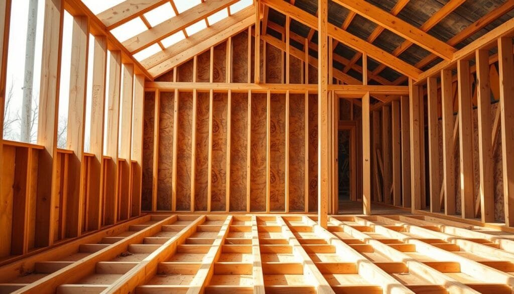 A practical floor, wall, and roof construction scene in warm, natural lighting. In the foreground, a wooden floor frame with joists and subfloor boards. In the middle ground, a timber-framed wall structure with vertical studs, horizontal beams, and insulation panels. In the background, a slanted roof frame with angled trusses and roof shingles. The overall composition emphasizes the careful, step-by-step process of a DIY cabin construction, capturing the essential structural elements in a visually appealing and informative manner.