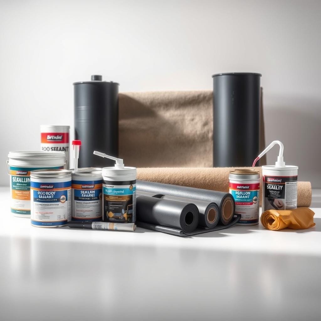 A professional-grade shot of various high-quality roof sealants and waterproof membranes, artfully arranged on a clean, well-lit surface. In the foreground, a selection of canisters, tubes, and rolls of sealant products, their labels clearly visible. In the middle ground, a spread of flexible waterproof membranes, their textures and colors subtly contrasting. The background features a neutral, uncluttered setting, allowing the materials to take center stage. Soft, directional lighting illuminates the scene, casting gentle shadows and highlights that enhance the visual appeal of the products. The overall composition conveys a sense of quality, reliability, and attention to detail, perfectly suited to illustrate a guide on proper roof waterproofing.