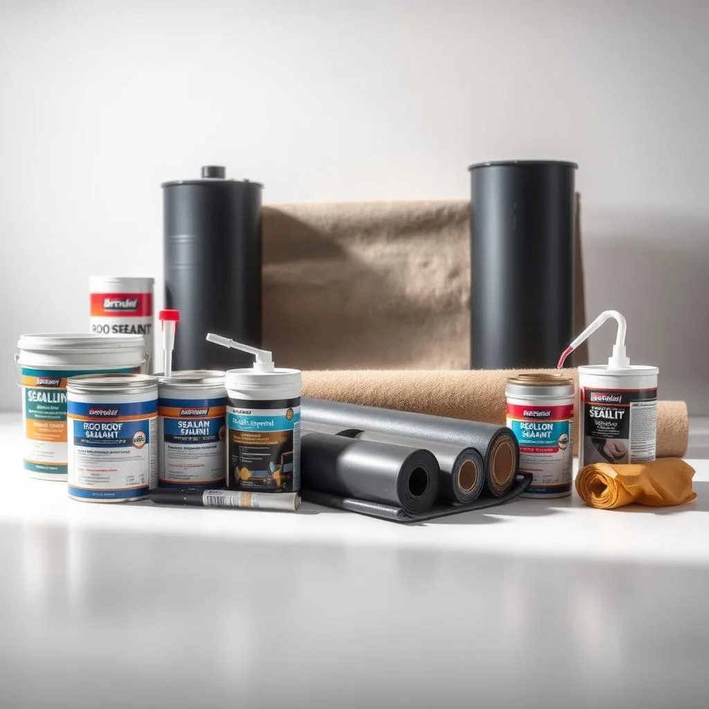 A professional-grade shot of various high-quality roof sealants and waterproof membranes, artfully arranged on a clean, well-lit surface. In the foreground, a selection of canisters, tubes, and rolls of sealant products, their labels clearly visible. In the middle ground, a spread of flexible waterproof membranes, their textures and colors subtly contrasting. The background features a neutral, uncluttered setting, allowing the materials to take center stage. Soft, directional lighting illuminates the scene, casting gentle shadows and highlights that enhance the visual appeal of the products. The overall composition conveys a sense of quality, reliability, and attention to detail, perfectly suited to illustrate a guide on proper roof waterproofing.