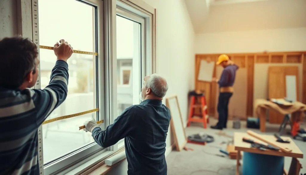 A professional window installation process, capturing the expertise of skilled technicians. In the foreground, workers meticulously measure and fit the energy-efficient window frame, ensuring a precise and airtight seal. The middle ground showcases the careful application of weatherstripping and caulking, sealing any gaps to maximize thermal efficiency. In the background, a well-organized worksite with necessary tools and equipment, conveying the systematic approach to this critical home improvement task. Soft, warm lighting illuminates the scene, highlighting the attention to detail and the importance of proper installation for optimal energy savings. The overall mood is one of professionalism, efficiency, and a commitment to creating a comfortable, sustainable living environment.