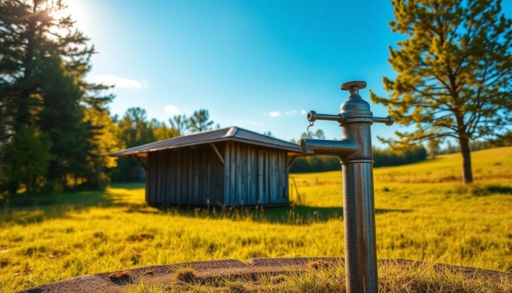 A quaint shallow well cabin nestled in a serene, grassy meadow, illuminated by warm, golden sunlight filtering through the surrounding trees. In the foreground, a hand-operated water pump stands proudly, its polished metal gleaming as it protrudes from the well's wooden structure. The cabin's weathered, rustic exterior and the well's traditional design evoke a sense of timeless, off-grid living. The middle ground showcases a lush, verdant landscape, while the background features a cloudless, azure sky, creating a tranquil, pastoral atmosphere. This image captures the essence of a self-sufficient, hand-pumped water system in a charming, remote setting.
