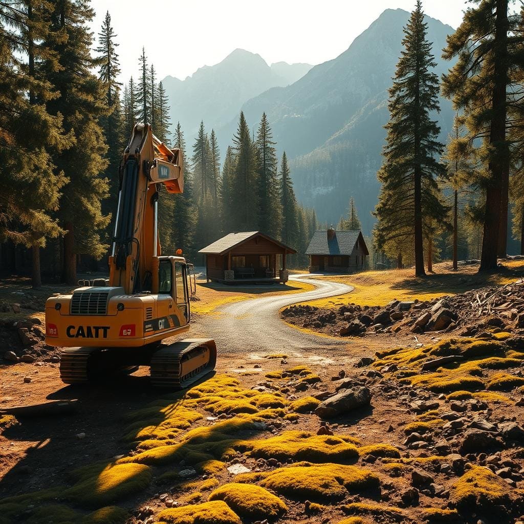 A remote cabin nestled in a rugged, forested landscape. In the foreground, an excavator rental stands ready, its powerful arm poised to dig and move earth. The machine is bathed in warm, golden sunlight, casting sharp shadows across the mossy ground. In the middle ground, a gravel access road winds through the trees, leading to the cabin's foundations. In the background, towering pines and rugged mountains create a serene, untamed backdrop. The scene conveys a sense of resourcefulness and self-reliance, as the excavator enables the remote cabin's construction amidst the natural splendor.