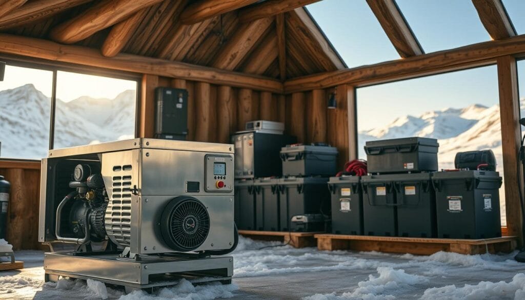 A rugged cabin interior with a sturdy power system enduring extreme temperature conditions. In the foreground, an industrial-grade generator stands resolute, its metal casing reflecting the harsh lighting. The middle ground showcases a bank of high-capacity batteries, their casings designed to withstand the intense heat or frigid cold. The background depicts a dramatic landscape, with towering mountains or a desolate tundra, emphasizing the remote and challenging environment. The scene conveys a sense of reliability and performance, the power systems unfazed by the extreme temperature swings, ready to provide uninterrupted energy in the face of harsh, unpredictable conditions. A rugged cabin interior with a sturdy power system enduring extreme temperature conditions. In the foreground, an industrial-grade generator stands resolute, its metal casing reflecting the harsh lighting. The middle ground showcases a bank of high-capacity batteries, their casings designed to withstand the intense heat or frigid cold. The background depicts a dramatic landscape, with towering mountains or a desolate tundra, emphasizing the remote and challenging environment. The scene conveys a sense of reliability and performance, the power systems unfazed by the extreme temperature swings, ready to provide uninterrupted energy in the face of harsh, unpredictable conditions.