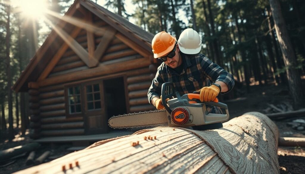 A rugged cabin nestled amidst a dense forest, its log walls framed by a skilled carpenter wielding a powerful chainsaw with utmost care and precision. Sunlight filters through the canopy, casting a warm, natural glow on the scene. The operator's protective gear, including a hard hat, goggles, and gloves, ensures their safety as they meticulously shape the timber, mindful of the risks involved. In the foreground, the chainsaw's blade gleams, its teeth biting into the wood with a controlled, steady motion, while the surrounding area is clear of debris, prioritizing a clean and organized workspace. The overall atmosphere conveys a sense of skilled craftsmanship, responsibility, and respect for the power of the tool being used.