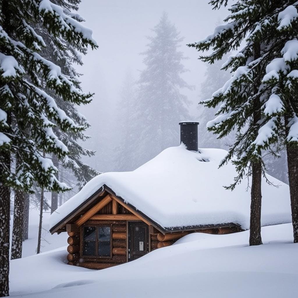A rugged cabin nestled amidst a fierce snowstorm, its roof weathered and battered by the relentless elements. The cabin is framed by towering pine trees, their branches heavy with freshly fallen snow. Icy gusts whip across the landscape, casting dramatic shadows and highlights across the cabin's sturdy timber frame. The roof, a testament to the cabin's endurance, is covered in a thick layer of snow, its texture reflecting the harsh conditions. The scene conveys a sense of resilience and the indomitable power of nature, setting the stage for the article's exploration of the best roofing materials for long-lasting cabins in extreme weather environments.