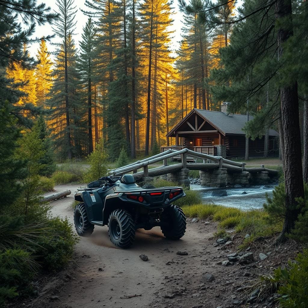 A rugged cabin nestled in a remote, forested landscape. In the foreground, a heavy-duty all-terrain vehicle navigates a winding, unpaved path, its tires kicking up dust. Towering pines and thick undergrowth frame the scene, creating a sense of isolation. In the middle ground, a sturdy log bridge spans a rushing stream, showcasing the challenges of rural accessibility. Warm, golden sunlight filters through the canopy, casting a serene, naturalistic glow. The cabin itself stands proudly in the background, its rustic exterior blending seamlessly with the surrounding wilderness. An image that captures the beauty and the logistical hurdles of building a cabin in a remote, rural setting.